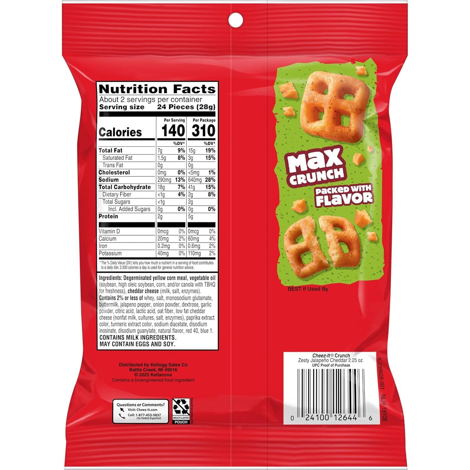 image:imageCheezIt Crunch Cheesy Baked Snacks Lunch Snacks Zesty Jalapeno Cheddar 6 Pouches225 Ounce Pack of 6