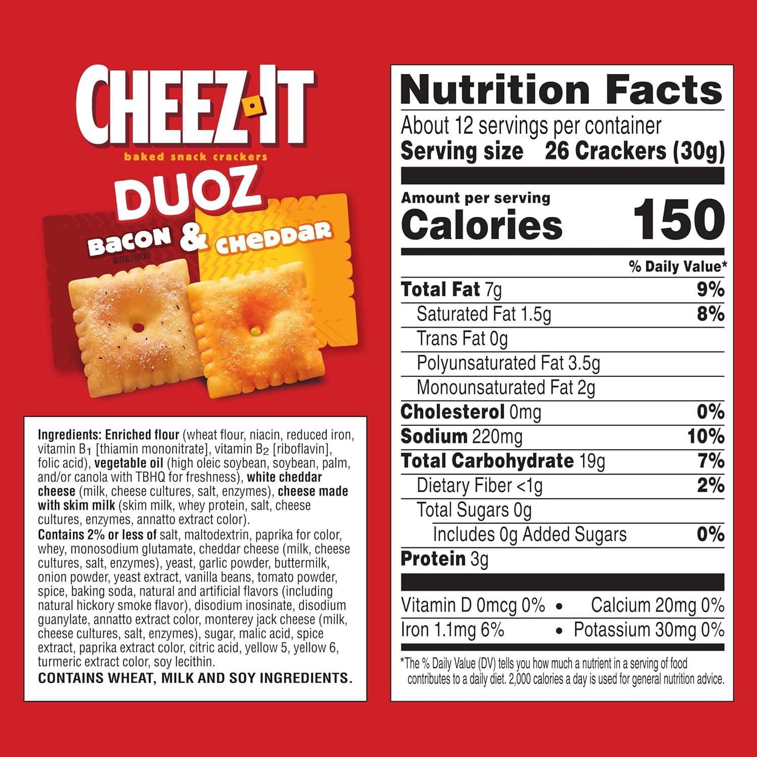 image:imageCheezIt DUOZ Baked Snack Crackers Lunch Snacks Bacon and Cheddar 124oz Box 1 BoxBacon Cheddar