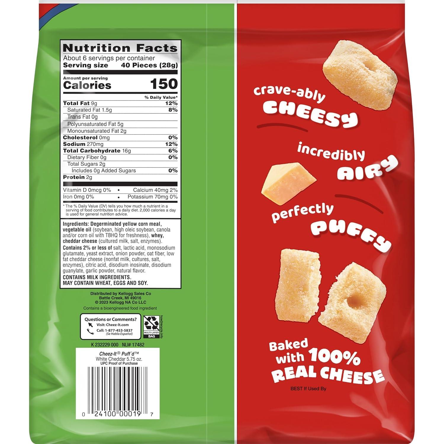 image:imageCheezIt Puffd Cheesy Baked Snacks Puffed Crackers Kids Snacks White Cheddar 575oz Bag 1 Bag