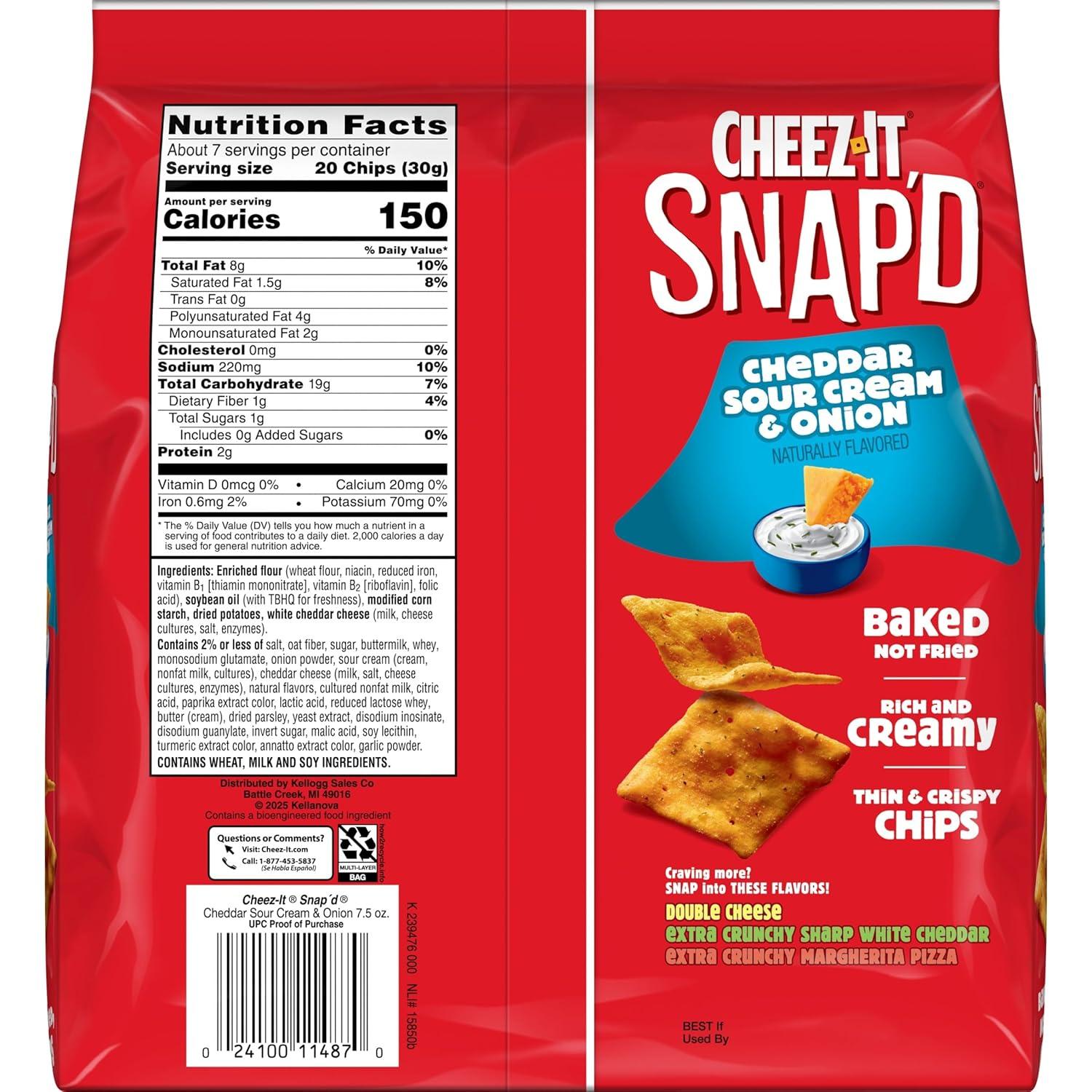 image:imageCheezIt Snapd Cheese Cracker Chips Thin Crisps Lunch Snacks Cheddar Sour Cream and Onion 75oz Bag 1 Bag