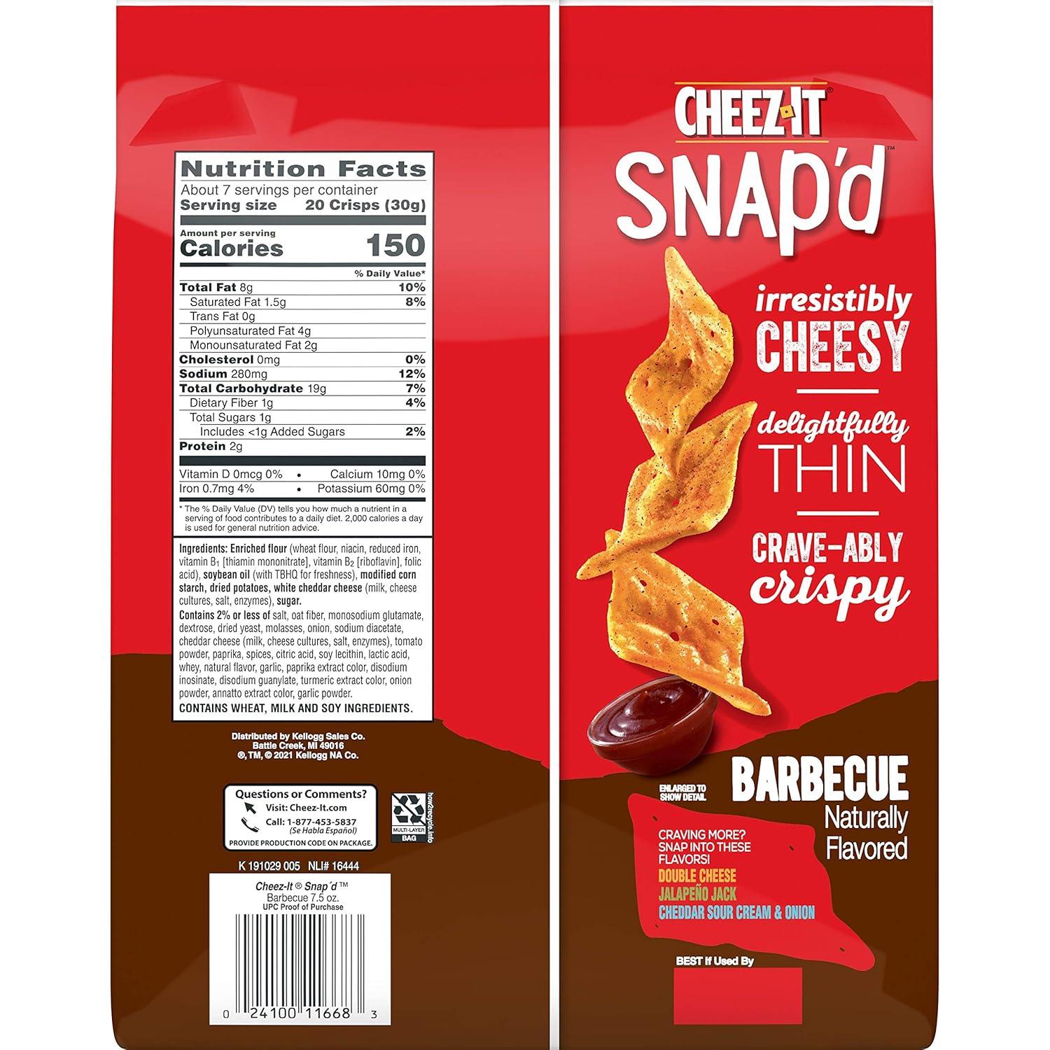 image:imageCheezIt Snapd Cheese Cracker Chips Thin Crisps Lunch Snacks Family Size Double Cheese 12oz Bag 1 BagBARBECUE