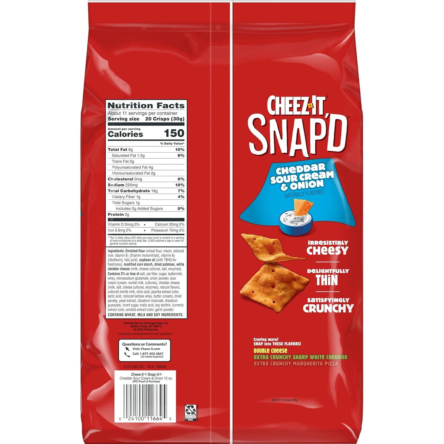 image:imageCheezIt Snapd Cheese Cracker Chips Thin Crisps Lunch Snacks Family Size Double Cheese 12oz Bag 1 BagCheddar Sour Cream and Onion