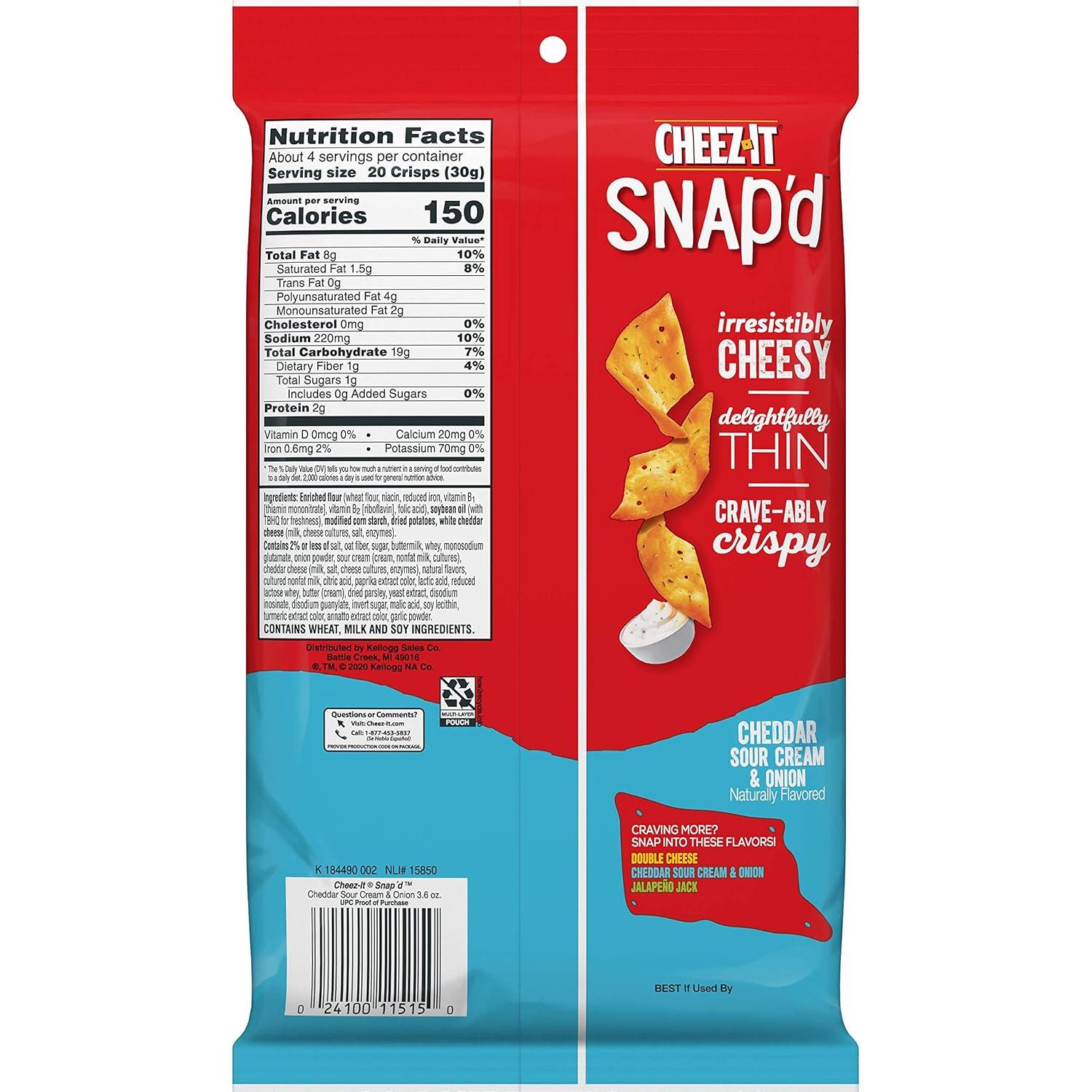 image:imageCheezIt Snapd Cheese Cracker Chips Thin Crisps Lunch Snacks Family Size Double Cheese 12oz Bag 1 BagCheddar Sour Cream and Onion