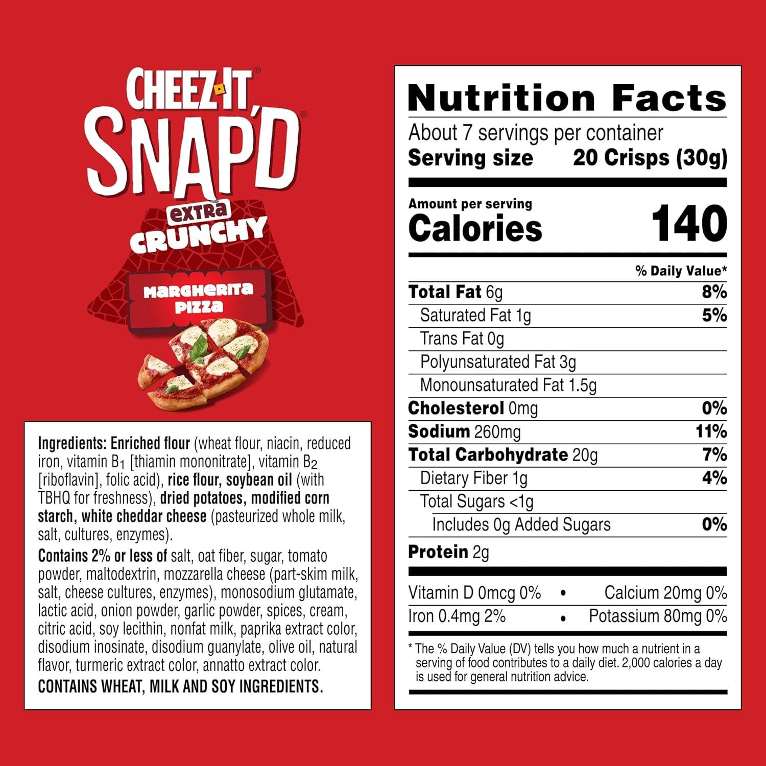 image:imageCheezIt Snapd Cheesy Baked Snacks Thin Crisps Lunch Snacks Extra Crunchy Margherita Pizza 75oz Bag 1 Bag75 Ounce Pack of 1