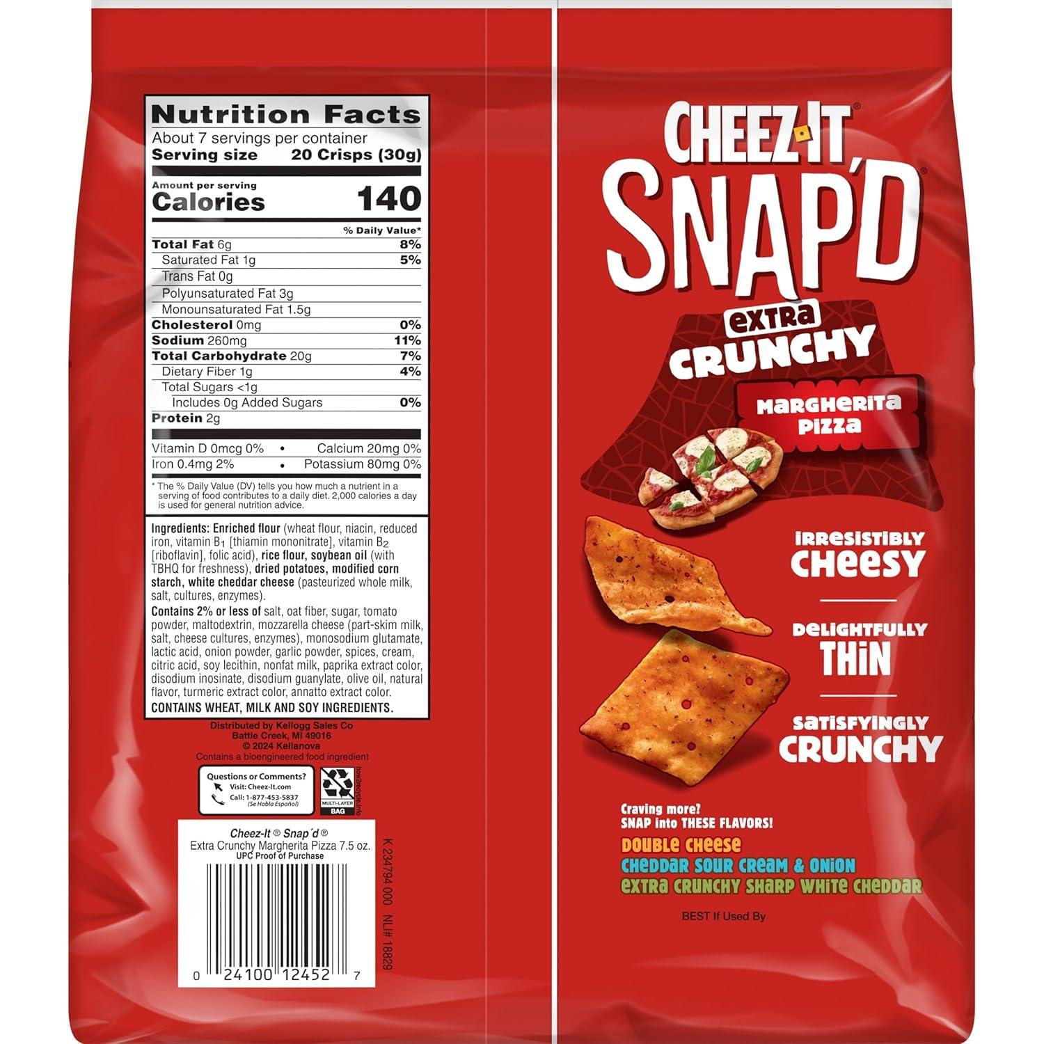 image:imageCheezIt Snapd Cheesy Baked Snacks Thin Crisps Lunch Snacks Extra Crunchy Margherita Pizza 75oz Bag 1 Bag75 Ounce Pack of 1